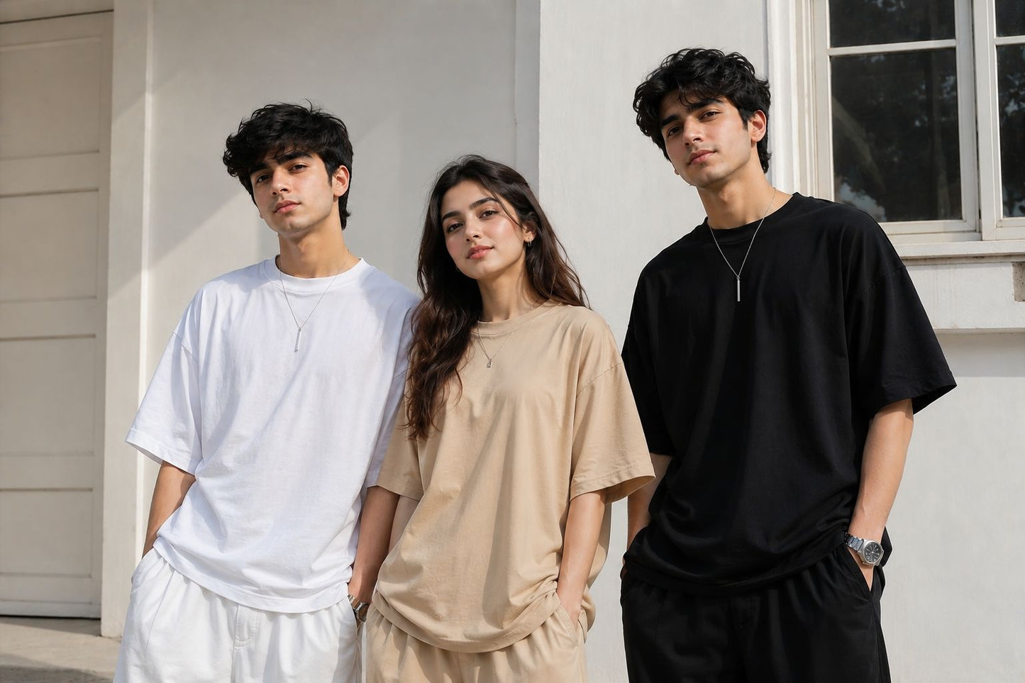 Oversized plain drop-shoulder tees in black, white and beige – SHYD.pk