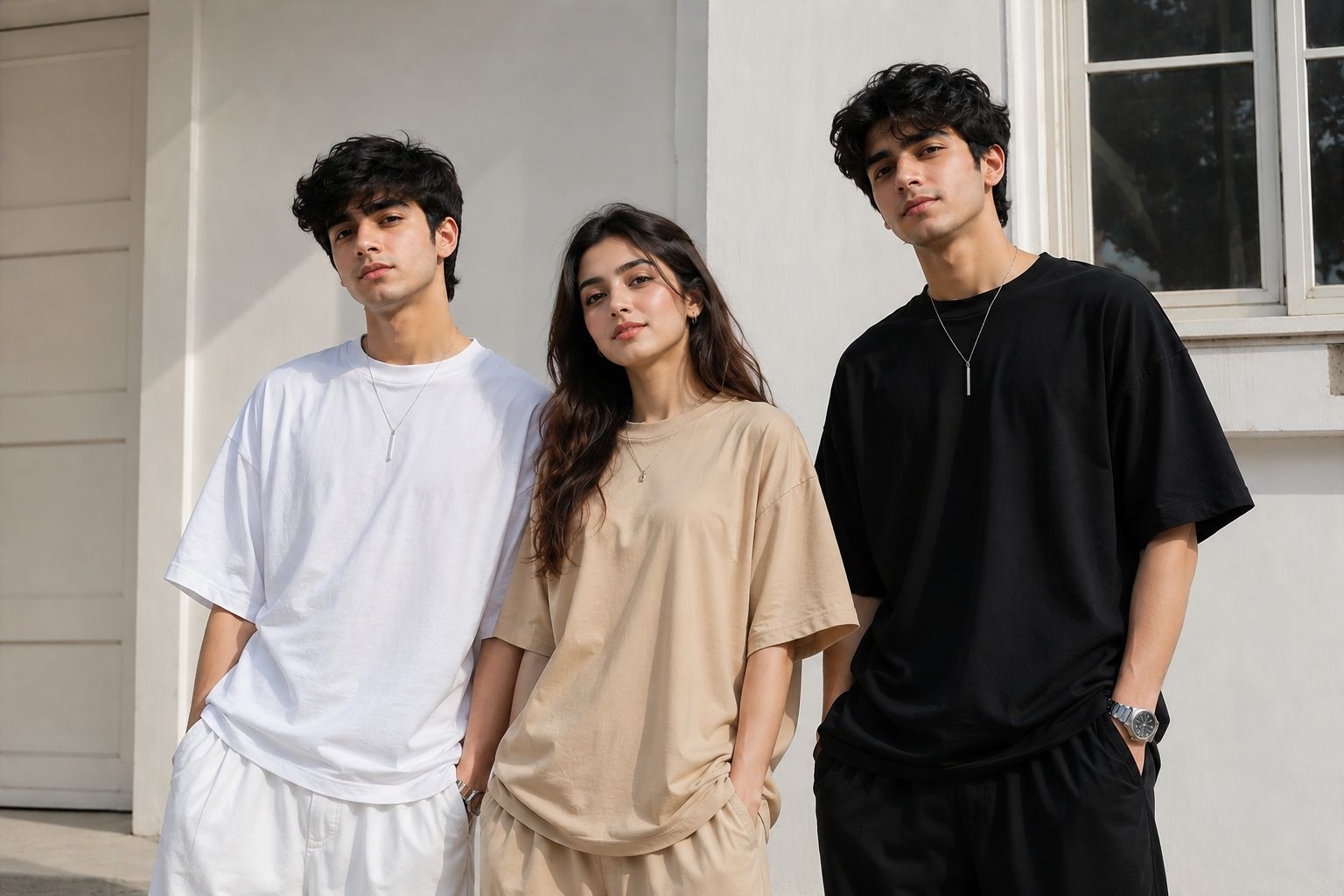 Oversized plain drop-shoulder tees in black, white and beige – SHYD.pk