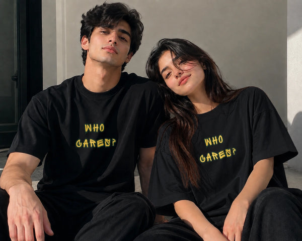 Black Who Cares oversized graphic t-shirt – SHYD.pk