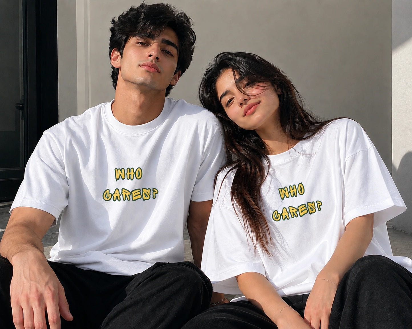 White Who Cares oversized graphic t-shirt – SHYD.pk